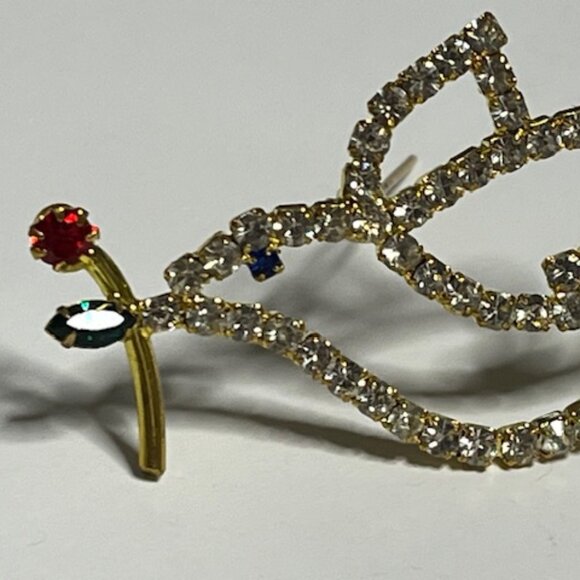 VTG Rhinestone Crystals Christmas Peace Dove Red Rose Brooch Pin 2.25" - Picture 3 of 14